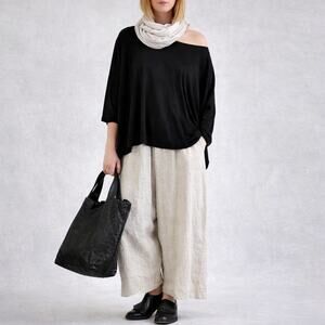 PLANET by Lauren G Black Boxy Cropped Jersey Top Womens 1 3/4 Sleeve Lagenlook